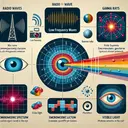 Create a thought-provoking, engaging and scientifically informative image that corresponds to the given questions about electromagnetic energy. The image should illustrate concepts of radio waves, low frequency waves, gamma rays, visible light, electromagnetic spectrum and photoreceptors in the eye. Please note that there should be no text included in the image. Elements to visually represent may include: different types of waves, their respective symbols or graphical representations, the electromagnetic spectrum with a spotlight on the visible light section, and a simplified depiction of the human eye illustrating photoreceptors.