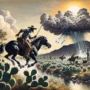 Illustrate a scene that depicts the story from the question. Feature a man riding a black horse through a landscape dotted with pitahaya thickets under a fast-approaching midday sun. Make the rider appear thirsty and the horse look tired, emphasizing a feeling of desperation. Dramatically illustrate a large cloud formation overhead and convey a lofty hill nearby. Highlight the action as the rider and the horse jump into the air, with the rider using a forked stick to pierce the cloud - allow this to be a focus point. Elucidate the result of this action, depicting a torrent of freshwater following them down, quenching both the rider and the horse's thirst, and filling up the arroyos, especially Sabino arroyo. Do not include any text in the image.