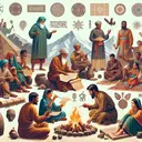 Illustrate an array of ancient cultural activities: a group of South Asian men and Middle-Eastern women gathered around a fire, orally passing down stories to younger generations; a Caucasian elder handwriting symbols or scriptures on a parchment; a group of Hispanic and Black individuals engaged in traditional dance; and artifacts like tribal masks, pottery, and jewelries, indicating different cultural heritage and traditions. Ensure that no text is included in the painting.