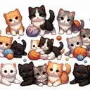 Create an appealing, text-less image of eight kittens in a variety of playful poses. The kittens should look healthy and happy, perhaps piled together in a cute furry heap or playing with a ball of yarn. The colors of the kittens should also be varied, with different shades such as white, black, orange, grey, and mixed patterns.