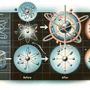 An illustrative image showing various aspects of a nuclear change. The image should include the depiction of atomic structure with freely moving neutrons and protons. Symbolically show a 'before' state with a set quantity of protons and neutrons, which then undergoes a change to an 'after' state. Please ensure that no direct text is included in the image.