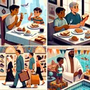 Create an image that depicts four separate scenes related to the sentences in the question, however, do not include any text within the image. Scene one: a breakfast setting with a boy, Ben, of Caucasian descent enjoying toast and other person of South Asian descent having rolls. Scene two: a post-dinner shopping excursion featuring two Middle-Eastern individuals entering a store with shoe displays. Scene three: a person of Hispanic descent at a museum, exploring various exhibits throughout the day. Scene four: Oscar, a black individual, getting ready to go to a pool, with swim gear.