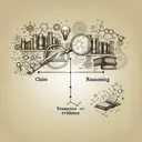 Generate an image visualizing an outline structure with three key elements: a Claim, Reasoning, and Evidence. Depict these elements interconnected, representing the flow of thought. In the background, subtly illustrate elements of academia such as books, spectacles, or perhaps a desk lamp, to keep the educational context clearly established.