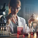 In a well-equipped laboratory setting, a Caucasian female scientist is observed meticulously holding a mercury thermometer next to a clear beaker full of bubbling and boiling red liquid. She is attired in a white lab coat, safety glasses and gloves, signifying safety protocols. The lab bench is adorned with various scientific apparatus like microscope, flask sets, and petri dishes. Subtle light is radiating from the ceiling, casting an aura of mystery and intrigue around the room, making the glass beaker sparkle subtly. She is deeply engrossed in her experiment, demonstrating the depth of her concentration.
