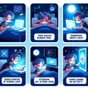 A series of illustrated scenes depicting the effects of too much screen time. It includes a tired teenager struggling to fall asleep at night with a glowing screen casting an array of blue light. Another scene portrays the same teenager being engrossed in a screen, possibly a video game or engaging video. Lastly, an image of the teenager exhibiting signs of irritability after the screen is turned off. Kindly ensure no text within the illustration.