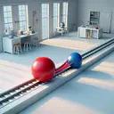Visualize a physics experiment scenario. Picture a clean, white lab setting with two objects on a track: one painted in red, indicating its direction as northeast and the other, in blue, showcasing its direction as southwest. The red object is slightly larger, representing its greater momentum of 12 kg-m/s, while the smaller blue object symbolizes its momentum of 4 kg-m/s. They are on a collision course. After the collision, they remain combined or 'stuck' together, indicating a change in momentum post-impact. Please do not include any text in this image.