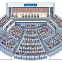 Create an image of an auditorium viewed from the stage, with the seats arranged in multiple rows and levels. On the left half, illustrate 'Section A' with six filled rows on 'Level 1'. On the right half, illustrate 'Section B' with three filled rows on 'Level 3'. The students can be cartoon figures for simplicity. Section A level 1 is depicted with each row having 9 seats, and Section B Level 3 with each row having 18 seats. Show all the rows as filled with students. The number of students per row should reflect the distinction between the seat quantities for each section and level.