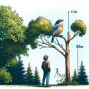 Create a detailed picture of a natural outdoor scene. A man of average build, standing 1.5m tall, is gazing up at a small bird perched on the very tip of a 4.5m high tree. The bird, holding onto a branch at the highest point of the tree, is situated in such a way that it's 8m away from the man. Show some space between the observer and the tree to imply some distance. Make the image vibrant and appealing, but keep it free from any distracting text.