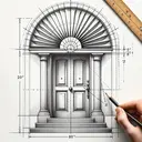 Create a visual representation of a doorway adorned with a 'sunburst' window at the top. The window is designed in the shape of the top half of an ellipse. The tallest point of the window should be 20 inches from the base, representing the major axis, and the widest point at the base should be 80 inches, representing the minor axis. Depict a measurement being taken 25 inches from the center of the base to indicate the point where the height is being determined.