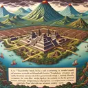 Visually interpreting an Aztec themed scene displaying: A city, 'Tenochtitlan', built on a lake, surrounded by mountains and volcanoes, presenting an isolated and easily defensible location; neighboring civilizations kept at bay by the geographical barriers. Simultaneously, illustrate the implication of a dense rainforest around the city and a wide-flat plain suitable for warfare. Do not include any textual content in the image. Please prioritize to present a cohesive and historic atmosphere within the image.