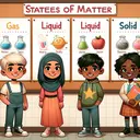 Illustrate a scene with no text presenting four students, each standing next to a poster board. Henry, a Caucasian boy, has three examples of states of matter: gas, liquid, and solid. Similarly, Jasmine, a Middle-Eastern girl, has the same examples but in a different order: gas, solid, and liquid. Lucas, a Black boy, and Tasha, a Hispanic girl, also have their own boards with examples of states of matter listed in different orders.