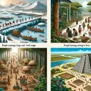Create a detailed and captivating image illustrating the beginnings of the first Mesoamerican civilizations. It should depict scenes from the four choices given: people crossing a large and icy land bridge, nomadic hunters settling in a lush valley, people learning to farm in a dense tropical forest, and the Maya constructing the first cities in Central America. Please make sure there is no text in the image.