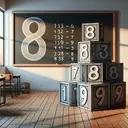 Create a visually engaging image that represents an educational theme. The scene unfolds in a bright classroom with a large chalkboard as its focal point. On the chalkboard, hand-drawn chalk sketches depict the numbers 8 and 9 arranged in cubes, symbolizing the tens. Each set of cubes stack up on each other forming a tower, with the tower of 9 being slightly taller than the tower of 8, indicating 1 tens more. The setting sun pours through the windows, casting long, playful shadows on the wooden classroom floor.