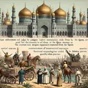 Please generate a detailed, historical-style image depicting aspects of the Songhai Empire under Islamic influence, without any text. The image should include law enforcement by judges interpreting from the Quran, the construction of grand mosques in urban environments, as well as territorial expansion guided by Islamic practices. Remember, there should be no actual text on the image.