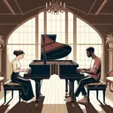 Craft a harmonious image which features two pianists at their grand pianos, side by side. Both pianists, one being a Middle Eastern female and the other a Black male, are deeply engrossed in their music, their hands simultaneously hitting the same chord. In this tranquil setting, the room is filled with the resonant notes of the chords they strike. Emphasize that their connection and unity are not just musical but also emotional. The pianos should be in a beautifully designed room, reflecting their refined taste. Do not include any text.