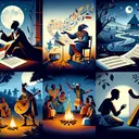 Imagery depicting different aspects of cultural heritage. On one side, a poet in deep thought under a moonlit sky, their hand hovering over a parchment filled with verses. Adjacent, an animated storyteller weaving a vibrant folk tale in front of an enchanted audience around a bonfire. Another corner presenting an African griot playing a Kora harp, engaging in their historical narration. Lastly, a depiction of people participating in a traditional ritual, perhaps in the form of a dance or a ceremony. None of these scenes should contain any text.