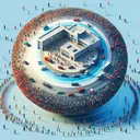 Generate a visual representation of the abstract concept of a service center's sphere of influence. The focus should be on examples such as a school, hospital, or police station. The image should depict a high concentration of individuals near the center, symbolizing its customer population. However, this population should gradually decrease as the distance from the center increases, illustrating the frictional effects of distance. The image should be attractive and engaging, but it should not contain any text.