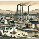 Create a detailed image depicting the early illustrations of the factory town of Lowell. This scene should include buildings of the town possibly including the factory, surrounding landscapes like rivers, canals, and woods. Use color tones that were commonly used during the 19th century. The image should not contain any text and not draw any conclusions.