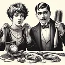 Create a detailed image showcasing important themes from O. Henry's short story 'The Gift of the Magi.' In the image, feature a woman looking surprised with a short haircut, holding a luxurious watch chain. Next to her, a man looks equally surprised while holding an ornate brush. Both of them are standing next to a table where a discarded pocket watch and bundles of long, beautiful hair lie. Please make sure the image contains no text.