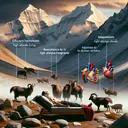 Generate a visually compelling image that embodies the concepts of high altitude living, highlighting the adaptations unique to Tibetans. The scene should include Tibetans in their high-altitude habitat, with visual depictions of efficient hemoglobin in the blood, resistance to altitude sickness, and adaptation to lower oxygen levels. The image should also subtly incorporate the concept of natural selection, with a potential depiction of the enlarged right ventricle demonstrating both positive and negative effects. Remember, the image should contain no text.
