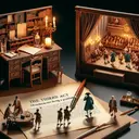 Imaginary scene representing a classical writing room, showcasing vintage furniture such as a wooden desk, lit candle, parchment paper, and quill. Also, envision a miniature theater stage, complete with curtains and tiny drama figures actively engaging in an act, symbolizing the third act. Display the third act reflecting characters facing a problem. Lastly, illustrate a scene with a character walking off stage, symbolic of a scene ending.