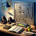 Visualize a tranquil image of a well-organized study room. Around one side of the room, there's a desk filled with an open book and a modern metallic board with various metal symbols. It might appear like a language learning tool hinting at the way chimpanzees might have received training. On the desk is an apple and a loaf of bread, implying the question, 'What is an apple not?'. On the other side, there is a digital clock showing 6 AM, and a map hanging on the wall, highlighting an intersection indicating 51st St. and 2nd Ave.