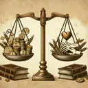 Illustrate a stylized image based on history class discussions. Depict a balance scale, its two pans representing economic and moral issues. On one side, place symbolic items such as coins and wheat sheaves for economic issues. On the other side, place a heart and a pair of shaking hands for moral issues. Include a pair of old, worn out books lying nearby, symbolizing historical laws and novels. Make sure to create an antique look by using sepia tones, however, ensure the image is void of any text.