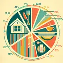 An abstract image representation of a financial pie chart. Depict a pie chart with multiple sections. One section, accounting for one-third of the pie, is dedicated to accommodation, coded with a subtle house icon. The other section, accounting for two-fifths of the remaining two-thirds, showcases a plate with cutlery to represent food. The remainder is a separate section with an open-ended icon, representing miscellaneous expenses. Keep the image engaging and colorful. Ensure no numbers or texts are visible on the chart.