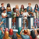 Illustrate an engaging scene of a debate occurring in a school setting. In the scene, display students of varying descents such as Caucasian, Black, Hispanic, Middle-Eastern, and South Asian, each adorned with distinct casual outfits showcasing their individuality. Enhance the image with an atmosphere of passionate discussion and active student involvement.