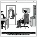 An illustration depicting a day at the office. The scene shows a workplace setup with a chair, a coat hanging on the back of the chair, and a character named Shawn who is of South Asian descent. The character is wearing work-appropriate attire and walking into the office. The image should be simple and clear, focusing on visualizing the sentence provided without any text included.