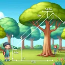 Create an image depicting a scene in a bright lush park, where a young Asian boy who is 1.4m tall stands 10m away from a towering, beautifully grown tree 12m in height. Both are apparantly standing on a flat terrain. To signify the angle of elevation, have a thin dotted line extending from the boy's eyes to the top of the tree, giving a sense of trigonometric calculation. Make sure there are no words or numbers in the image.