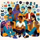 Illustrate an image of a range of diverse young individuals engaged in an animated discussion. These individuals are of various descents, including Caucasian, Hispanic, Black, Middle-Eastern, and South Asian, representing men and women. Around them, fragments of modern society are hinted at, with symbols of technology, media, and cultural shifts. However, there's a sense of disconnect or dissatisfaction evident in their expressions and body language, hinting at the debate whether modern society has anything good to offer for youths. All elements should be in a minimalistic style with vibrant colors.