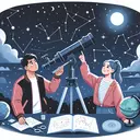 Create an illustration showing a possibel educational scenario related to astronomy. Depict two individuals, one Asian male and one White female, both astronomers. They are outside on a starry night, examining the sky, perhaps pointing a telescope upwards. Around them is a variety of astronomy tools--star charts, globes, etc. Above them, the night sky is filled with constellations, which can subtly suggest a shift in position--maybe hint at a slightly different view from another latitude.