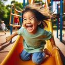 Depict a child of South Asian descent with a joyful expression on their face, in a state of dynamic equilibrium, while sliding down a brightly colored playground slide. The child is mid-way down the slide, laughter eliciting from their lips, with their hair flying back due to the wind resistance, creating a sense of motion and energy. The backdrop is a sunny day at a local park, with other kids playing on swings and climbing frames in the background.