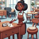 A visually pleasant picture related to furniture sales. It shows a salesperson in a furniture store. She is a Black woman in her forties, smiling as she shows off a polished wooden table and chair set to potential buyers. On the table, there are price tags showing the costs of the items in Kenyan Shillings. Near the table, a small percentage sign indicates the salesman's commission. Around her, other furniture items are tidily arranged. The setting is busy with customers, emphasizing a successful sales week. Make sure the image contains no text.