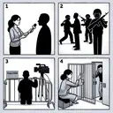 Illustrate a thought-provoking scene with a number of different scenarios. Depict four isolated schematic situations, each represented by a basic silhouettes and symbols without including text. Firstly, render an image of a reporter, depicted as a South Asian woman, interviewing a figure. Second, draw a reporter, depicted as a Black man, standing behind barriers. Third, show a Hispanic female reporter with a microphone being pushed away by an anonymous figure. Lastly, represent a Middle-Eastern male reporter locked behind a closed door. Indicate these series of events by keeping them separate and numbered from 1 to 4.