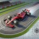 An image showing a 3D representation of a race car on a circular track viewed from a bird's eye perspective. The car must resemble a typical F1 race car with a sleek, low profile, exposed tyres, and a high rear wing, all in vibrant red color. The track is grey asphalt rimmed with white lines and surrounded by green grass fields and stadium stands. The track has a specified diameter of 1/2 miles to indicate its scale, and a speedometer reads 180 mph to depict its speed. The image should also includes a 2D sketch, located next to the 3D illustration, visualizing the car's placement and movement on the track including the angular rotation in radians and revolutions, but it should not include steps in calculation.