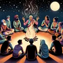 Create an image illustrating the concept of oral tradition. Depict a culturally diverse group of people sitting in a semicircular arrangement around a blazing campfire under a starlit sky. One person at the center, an elderly South Asian woman, is actively narrating a story, her hands raised in dramatic narration, her expressions intense, and the audience – comprised of a Hispanic man, a Middle-Eastern female teenager, a Caucasian boy, and a Black woman – engrossed in attentive listening.