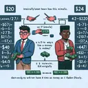 Illustration of an engaging mathematical problem involving two people named Kaden and Dan who initially have $200. Show Kaden, an East Asian man, giving 2/7 of his money to Dan, a Black man, causing Dan to have 4 times as much money as Kaden. The image does not need to explicitly show the final calculations, but each step of the process - initial sharing, transfer of funds, and the new balances - should be illustrated to indicate that the answer to the problem is $144 originally. No text should be included in the image.