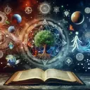 Create an abstract image visualization of the concept of 'creation stories'. Include elements such as an ancient book, an ancestral tree, a vibrant earth being formed, and symbols of old rituals. The image should evoke a sense of history, knowledge, and connection, without including any written text.