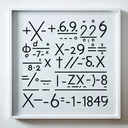 A clean whiteboard with mathematical symbols including a minus sign, equal sign, brackets, decimal numbers, and the variable x, arranged in the format of an algebraic equation. The equation visually laid out without any text is -6.29 times the value of x added to 7.85, equals -19.499.