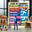 An image capturing the spirit of a business code of conduct creation process. It should feature a man presumably named Kale, who is South Asian descent in a setting dedicated to brainstorming the conventional topics of a code of conduct. In the room, there are four symbolic items present on a table. Item 1: a colorful diversity symbol, representing the topic of staff diversity and professional conduct. Item 2: a miniature person model and a scale, symbolizing an inappropriate topic – height and weight requirements. Item 3: a tiny, detailed diorama of a training seminar or convention, showing the topic of upcoming trainings. Item 4: a tiny mobile phone with miniature social media icons, symbolizing a whimsical and irrelevant topic – list of Kale's favorite social media accounts.
