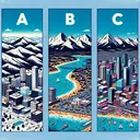 A bird's eye view of three distinctive locations labeled A, B, and C without specifically referencing the cities. Location A is replete with snowy mountains and urban city symbols, representing one of Colorado's cities like Denver, Boulder, or Ft. Collins. Location B shows another city nestled in the mountains, symbolizing another Colorado city. Location C, contrasting sharply, depicts a vibrant beachside cityscape showing nightlife symbols like music notes and cocktail glasses, symbolizing Miami. A fourth panel is left blank, signifying the decision yet to be made.