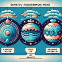 Generate an image showcasing the properties of electromagnetic waves. The visual should represent a vacuum, the surface of water, the pull of gravity, and the shaking of structures on Earth. Visualise an electromagnetic wave interacting with these elements differently. Please exclude any textual elements.