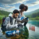 Image of a serene aquatic ecosystem in broad daylight, where two geologists are in the process of monitoring the surface waters. One geologist, a Middle-Eastern man, is carefully collecting water samples and storing them in test tubes. The second geologist, a Black woman, is using a digital device to record data. They both wear protective clothing and carry assorted scientific tools. In the background, we see the green and lush surroundings, hinting at a diverse range species. The sky overhead is slightly overcast, possibly indicating a recent rainfall, invoking the idea of acid rain.