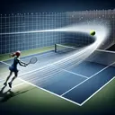 An illustration of a scene on a tennis court where a female, Caucasian tennis player holding a racket is positioned at the north end. The player swings her racket , attached to which is a tennis ball depicted in mid-air motion moving from north to south with a trail to signify its high speed. The southern end of the court is visualized, where the ball is depicted as bouncing off the court, showing it returning back towards the player's opponent with the same speed and force it started with. The scene illustrates the concept of force and acceleration in an abstract way without any text.