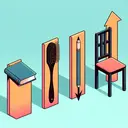 Create an image that abstractly represents the concept of a comparative force. Show four different objects: a textbook, a hairbrush, a pencil, and a chair. Visualize the force needed to lift each object by showing a corresponding arrow pointing upward next to each item. The arrow next to the chair should be the longest, implying it requires the most force to lift. Make sure no text or letters are used to label these items or the corresponding force arrows, only visual cues.