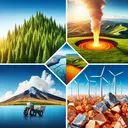 A stunning image of four distinct elements representing renewable resources. Picture one section filled with high green trees peaking against a clear blue sky. The second quadrant to have a geothermal feature such as a geyser spewing steam or a molten lava pool. The third area should display a repository of shiny copper ores, mined yet abundant. Lastly, construct a windmill spanning across the plain, symbolizing wind power. These elements should beautifully illustrate a concept of renewable resources.