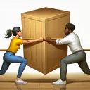 Create an image of a physics experiment where two individuals are pushing a large wooden box from opposite directions with equal force, and yet the box remains stationary amid their efforts. The person on the left is a middle-aged Caucasian woman in a yellow t-shirt and blue jeans, exerting her strength to push the box. On the opposite side, a young Black man in a white colored shirt and grey trousers is pushing with all his might. They are both in a simple room with white walls and a glossy wooden floor.