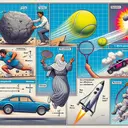 Imagine a detailed educational poster that helps explain these physics concepts. In one corner, depict a person exerting a force while pushing a large boulder, symbolizing the concept of Newton as a unit of force measurement. Elsewhere, the action of a Middle-Eastern female tennis player is frozen mid-swing, the racquet in contact with a neon yellow tennis ball, demonstrating the influence of force on motion. In another part, a speeding toy car suddenly coming to a halt due to an unexpected wall, illustrating a net force causing a stop. Lastly, highlight a rocket zooming through space, conveying the concept of momentum.